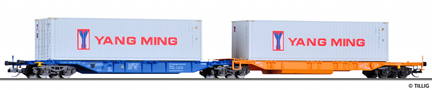 [Nákladní vozy] → [Nízkostěnné] → [6-osé Kombiwaggon] → 18005: modrý-oranžový „Kombiwaggon“ se dvěma kontejnery 40′