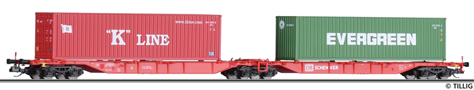 [Nákladní vozy] → [Nízkostěnné] → [6-osé Kombiwaggon] → 18033: červený „Kombiwaggon“ s nákladem dvou kontejnerů 40′