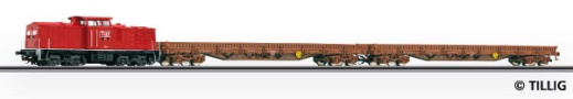 [Soupravy] → [S lokomotivou] → 501010: set dieselové lokomotivy MEG 105 a dvou nízkostěnných nákladních vozů Res